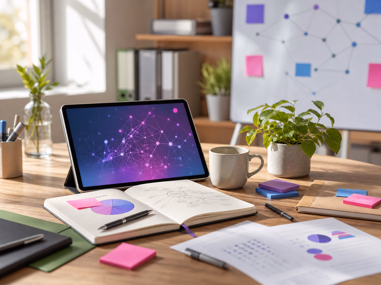 Arbeitsplatz mit Tablet und abstrakter KI-Visualisierung